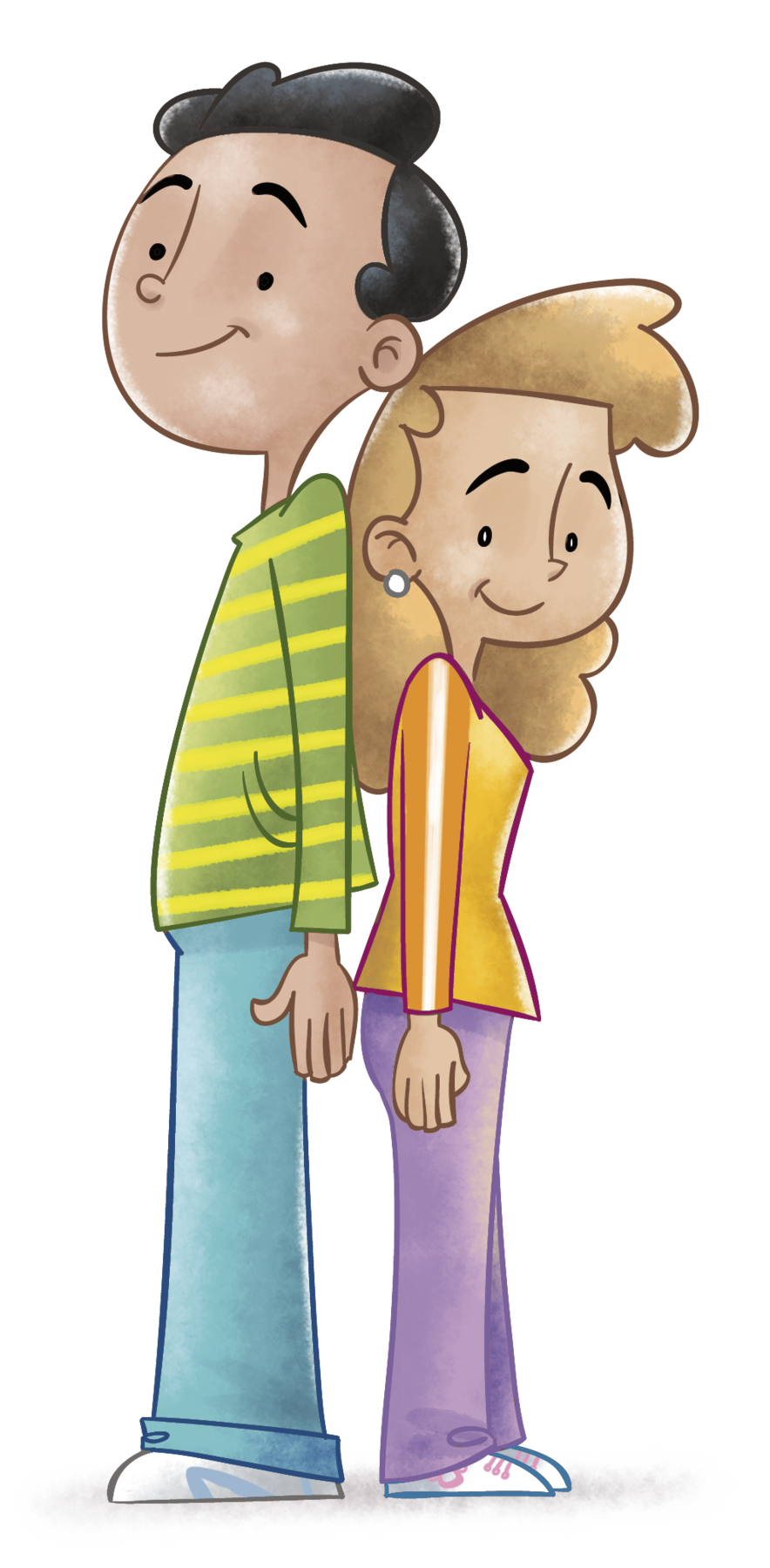 Ilustração. Um menino de cabelo preto, camiseta listrada horizontalmente nas cores verde e amarela e calça azul. Ele está em pé de costas para uma menina de cabelo castanho claro, camiseta laranja e calça roxa. O menino é mais alto que a menina.