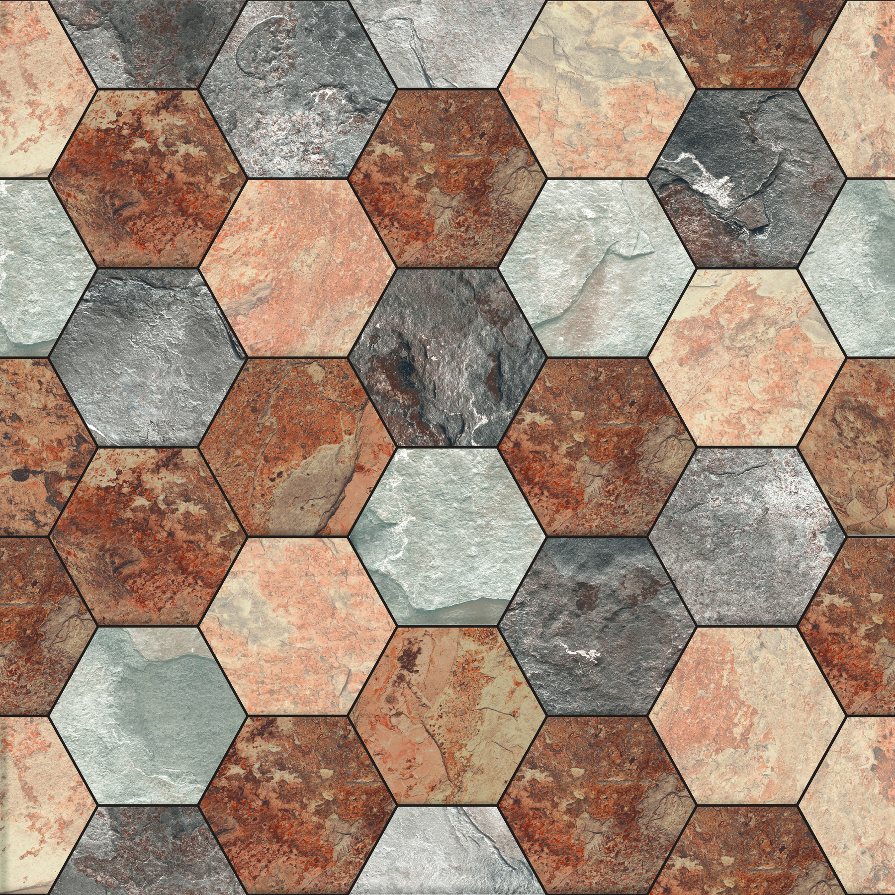 Fotografia. Mosaico composto por peças hexagonais de cores diferentes, intercaladas.