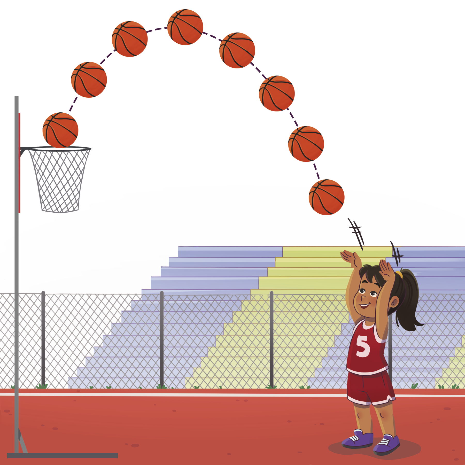 Ilustração. Menina parda de cabelo preto e uniforme vermelho em uma quadra de basquete, ao fundo arquibancada vazia. Ela arremessa uma bola de basquete em direção à cesta. A trajetória da bola permanece destacada acima da menina com formato curvo para baixo, apontando as posições que a bola percorreu.