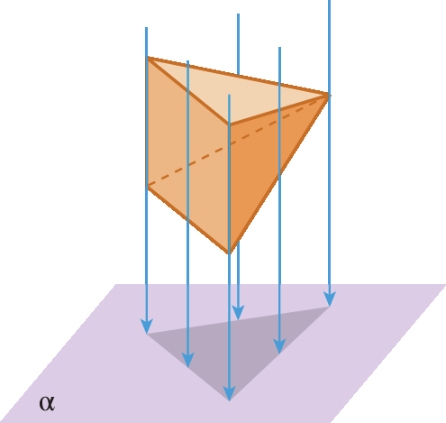 Figura geométrica. Representação do plano alfa na horizontal e acima uma pirâmide de base quadrada não pertencente a alfa. A base da pirâmide é ortogonal ao plano. Algumas flechas ortogonais a alfa mostram a projeção ortogonal da pirâmide no plano alfa: um triângulo.