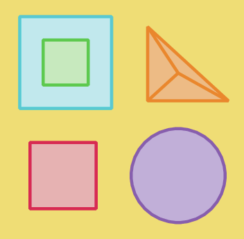 Esquema. Retângulo alaranjado, no interior do retângulo, à esquerda, quadrado azul e dentro do quadrado azul, quadrado menor verde, abaixo, quadrado vermelho. À direita, figura geométrica composta por 3 triângulos conectados, abaixo, circulo roxo.