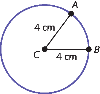 Figura geométrica. Circunferência com centro C. Os pontos A e B pertencem à circunferência. Os segmentos CA e CB estão indicados, e cada um tem medida de comprimento 4 centímetros.