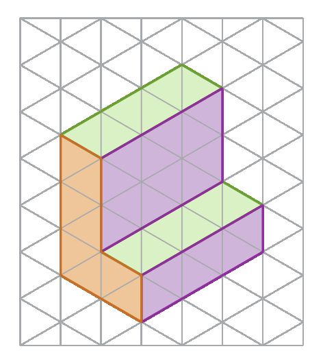 Figura geométrica. Sequência da figura anterior. Malha triangular com figura alaranjada em formato de L, dois paralelogramos verdes e dois retângulos roxos.