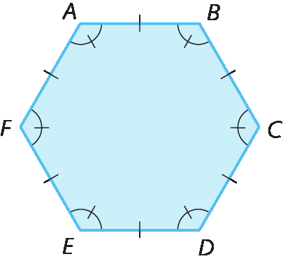 Figura geométrica. Hexágono ABCDEF de lados e ângulos congruentes.
