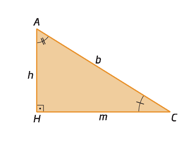 Ilustração. Triângulo retângulo HAC com o ângulo H, de 90 graus indicado.
A medida do comprimento do cateto AH está representada por h.
A medida do comprimento do cateto HC, está representada por m.
A medida do comprimento da hipotenusa AC está representada por b.
O ângulo ACH está marcado com um arco e um traço.
O ângulo HAC está marcado com um arco e dois traços.