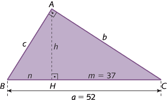 Figura geométrica. Triângulo retângulo ABC com o ângulo A de 90 graus indicado. A medida do comprimento do cateto AB está representada por c. A medida do comprimento do cateto AC está representada por b. A medida do comprimento da hipotenusa BC está representada por a igual a 52. Segmento de reta tracejado do vértice A ao ponto H, pertencente à hipotenusa BC. O segmento é perpendicular à BC. A medida do comprimento de AH está representada por h. As medida do comprimento do segmento BH está representada por n e a do segmento HC por m igual a 37