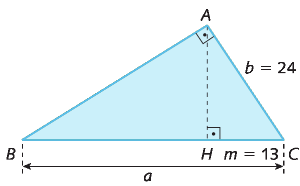 Figura geométrica. Triângulo retângulo ABC com o ângulo A de 90 graus indicado. A medida do comprimento do cateto AC está representada por b, igual a 24. A medida do comprimento da hipotenusa BC está representada por a. Segmento de reta tracejado, do vértice A ao ponto H pertencente à hipotenusa BC. AH é perpendicular à BC. A medida do comprimento do segmento HC está representada por m, igual a 13.
