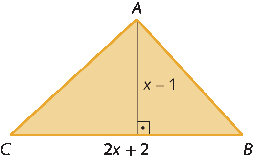 Figura geométrica. Triângulo de vértices ABC. Cota no lado inferior BC indicando a medida 2x mais 2. Partindo do vértice A, um segmento de reta perpendicular ao lado BC tem do lado direito uma cota indicando a medida x menos 1.