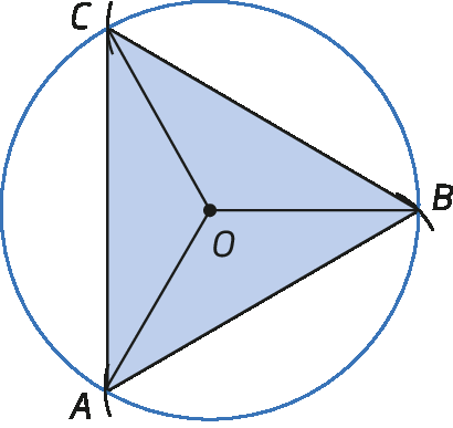 Figura geométrica. Figura anterior com representação do triângulo ABC inscrito à circunferência.