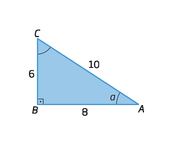 Figura geométrica. Triângulo retângulo ABC, de catetos BC com medida de comprimento 6 e BA com medida de comprimento 8 e hipotenusa CA com medida de comprimento 10