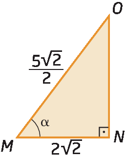 Figura geométrica Triângulo retângulo MNO, de cateto MN com medida de comprimento 2 raiz quadrada de 2, hipotenusa MO com medida de comprimento 5 raiz quadrada de 2, sobre 2 e ângulo alfa no vértice M.