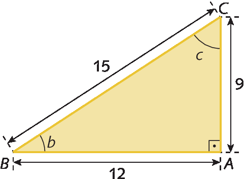Figura geométrica. Triângulo retângulo ABC de catetos BA de medida de comprimento 12 e AC de medida de comprimento 9 e hipotenusa BC de medida de comprimento 15 e ângulos b e c indicados.