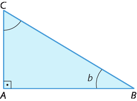 Figura geométrica. Triângulo retângulo ABC, sendo A o ângulo reto e b o ângulo A B C.