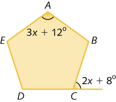 Figura geométrica. Pentágono ABCDE. Medida do ângulo interno em A: 3X mais 12 graus. Medida do ângulo externo em C: 2X mais 8 graus.