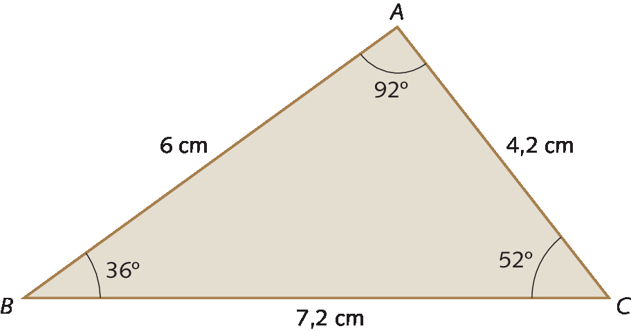 Figura geométrica. Triângulo com ângulo interno com abertura medindo 92 graus, 52 graus e 36 graus. Vértices nos pontos A, B e C. A medida do comprimento do lado AB é 6 centímetros. A medida do comprimento do lado BC é 7 vírgula 2 centímetros. A medida do comprimento do lado AC é 4 vírgula 2 centímetros.