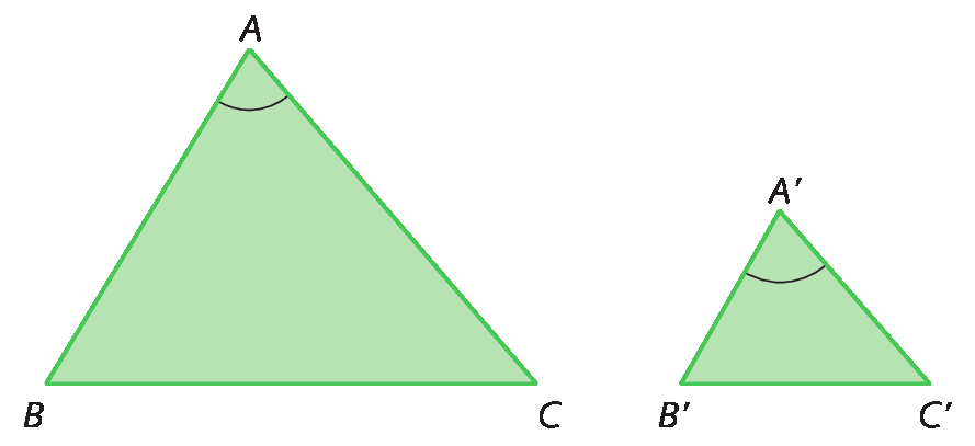 Figuras geométricas. Dois triângulos semelhantes: ABC e A linha, B linha, C linha. O ângulo BAC é congruente ao ângulo B linha, A linha, C linha.