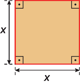 Figura geométrica. Quadrado vermelho com medida x em cada lado e 4 ângulos retos indicados.