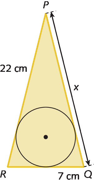 Ilustração. Triângulo PQR com circunferência dentro, interceptando o triângulo em três pontos. A medida do segmento de P até o ponto que intercepta a circunferência é 22 centímetros, a medida de PQ é x e a medida de Q até o ponto que intercepta a circunferência é 7 centímetros.