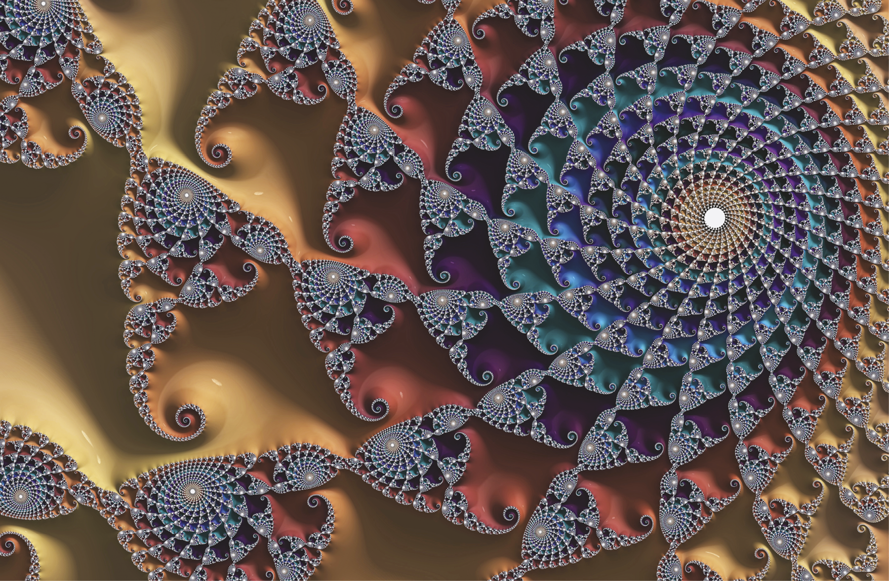 Fotografia. Fractal composto por linhas coloridas com peças iguais prateadas formando um espiral à direita.