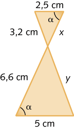 Figura geométrica, Triângulos com um vértice em comum e um ângulo interno com abertura medindo alfa. Os lados que formam o ângulo alfa do triângulo de baixo medem 6 vírgula 6 centímetros e 5 centímetros. A medida do comprimento do outro lado está indicada pela letra y. Um dos lados que formam o ângulo alfa do triângulo de cima mede 2 vírgula 5 centímetros de comprimento. A medida do comprimento do outro lado que forma alfa está indicada pela letra x. A medida do comprimento do outro lado é 3 vírgula 2 centímetros.
