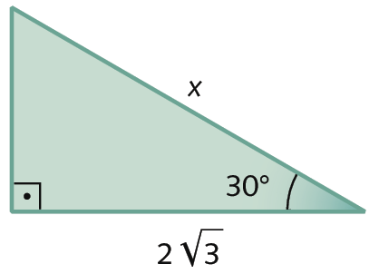 Figura geométrica. Triângulo retângulo verde com o ângulo reto e o ângulo de 30 graus indicados. 
A medida da hipotenusa é igual a x e a medida cateto adjacente ao ângulo de 30 graus é igual a 2 raiz quadrada de 3.