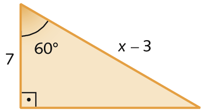 Figura geométrica. Triângulo retângulo alaranjado o ângulo de 60 graus e o ângulo reto indicados. 
A medida da hipotenusa é igual a x menos 3 e a medida cateto adjacente ao ângulo de 60 graus é igual a 7.