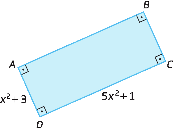 Figura geométrica. Retângulo ABCD com lados que medem x elevado ao quadrado mais 3 e 5 x elevado ao quadrado mais 1.