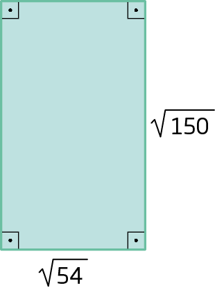 Ilustração. Retângulo, com a indicação dos 4 ângulos retos e lados raiz quadrada de 150 e raiz quadrada de 54.