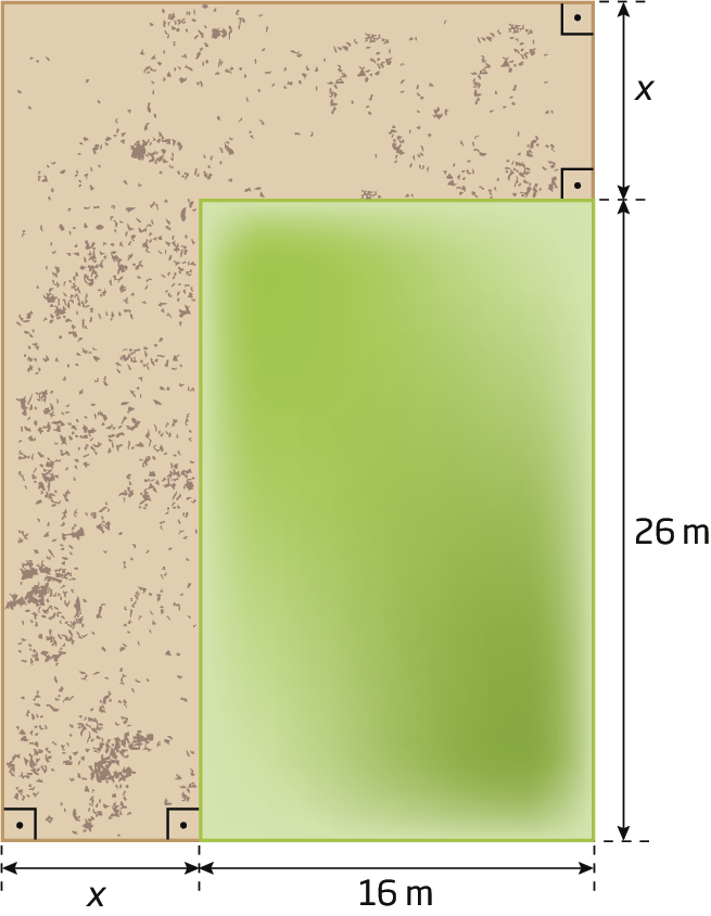 Figura geométrica. Retângulo marrom. Dentro, retângulo verde com medidas dos lados 16 metros por 26 metros. A diferença das medidas de cada lado do retângulo maior para o retângulo menor é x.