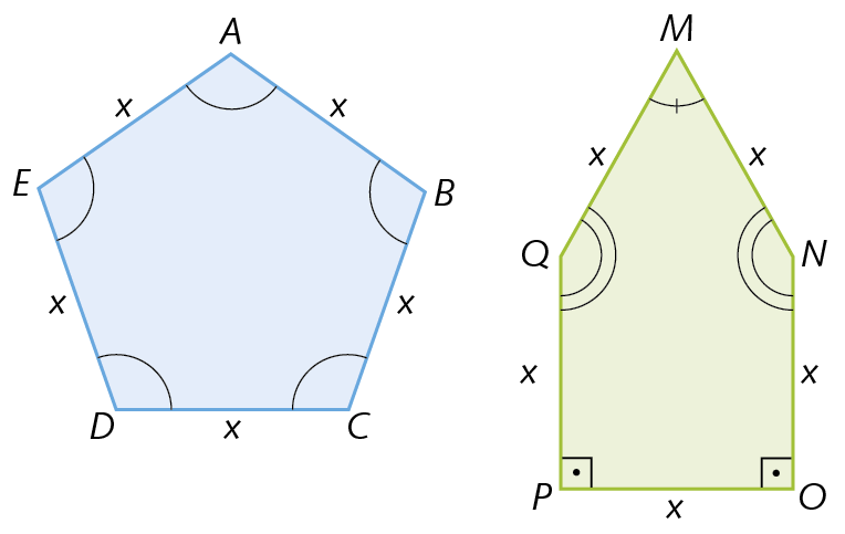 Figura geométrica. Pentágono regular ABCDE com lados medindo x e ângulos internos congruentes. Figura geométrica. Pentágono MNOPQ com lados medindo x. Os ângulos NOP e OPQ são retos. Os ângulos MNO e MQP são congruentes e obtusos. O ângulo QMN é agudo.