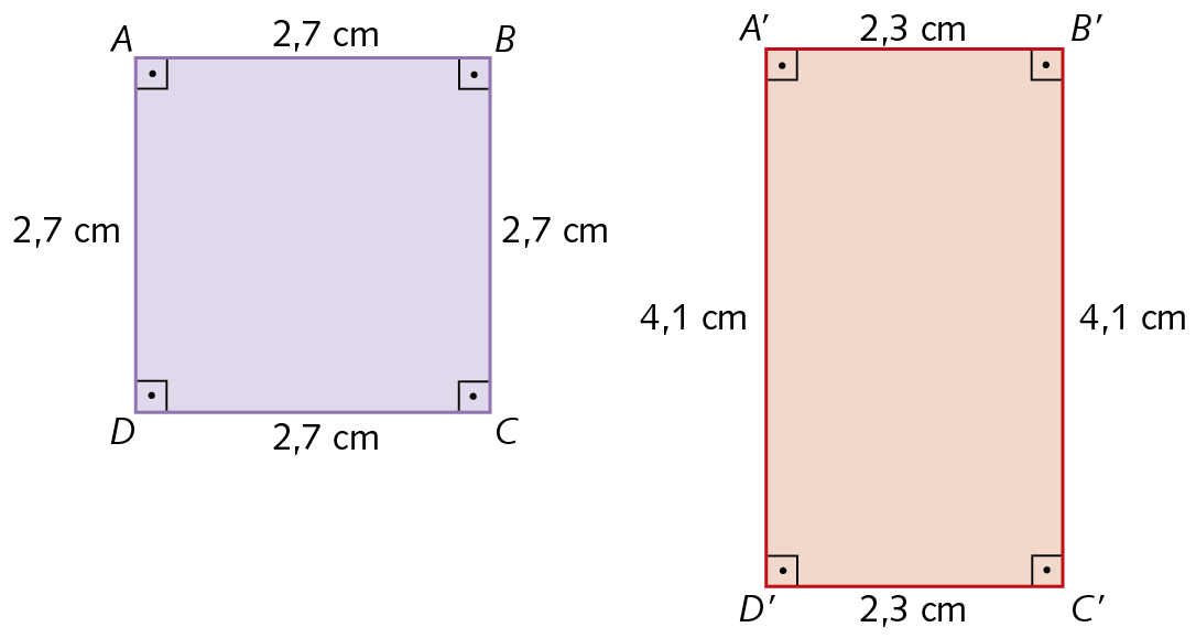 Figura geométrica. Quadrado ABCD com lados medindo 2,7 centímetros de comprimento. Figura geométrica. Retângulo A'B'C'D'. O lado A'B' é congruente ao lado D'C' e medem 2,3 centímetros. O lado A'D' é congruente ao lado B'C' e medem 4,1 centímetros.