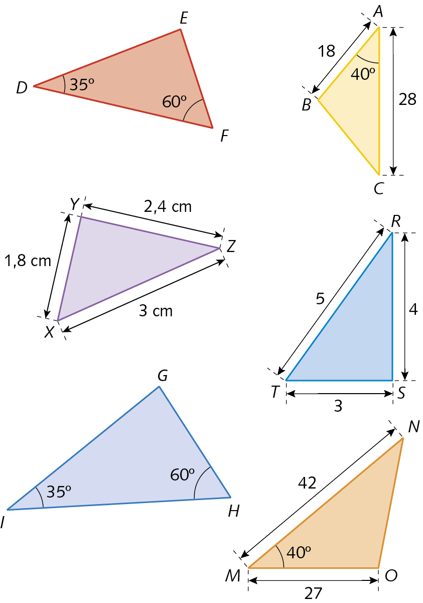 Figura geométrica. Triângulo DEF. Medida da abertura do ângulo EDF igual a 35 graus e medida da abertura do ângulo DFE igual a 60 graus. Figura geométrica. Triângulo ABC. Medida da abertura do ângulo BAC igual a 40 graus. Medida do comprimento do lado AB igual a 18.  Medida do comprimento do lado AC igual a 28. Figura geométrica. Triângulo XYZ, Medida do comprimento do lado XY igual a 1 vírgula 8 centímetro. Medida do comprimento do lado YZ igual a 2 vírgula 4 centímetros. Medida do comprimento do lado XZ igual a 3 centímetros. Figura geométrica. Triângulo RST. Medida do comprimento do lado RS igual a 4. Medida do comprimento do lado ST igual a 3. Medida do comprimento do lado TR igual a 5. Figura geométrica. Triângulo GHI. Medida da abertura do ângulo GIH igual a 35 graus e medida da abertura do ângulo IHG igual a 60 graus. Figura geométrica. Triângulo MNO. Medida da abertura do ângulo MNO igual a 40 graus. Medida do comprimento do lado MN igual a 42.  Medida do comprimento do lado OM igual a 27.