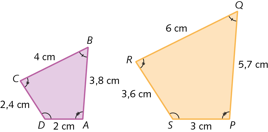 Figuras geométricas. Quadriláteros de mesmo formato dispostos lado a lados. O quadrilátero da esquerda tem vértices nos pontos A, B, C  e D. A medida do comprimento do lado AB é 3 vírgula 8 centímetros. A medida do comprimento do lado BC é 4 centímetros. A medida do comprimento do lado CD é 2 vírgula 4 centímetros. A medida do comprimento do lado DA é 2 centímetros. O quadrilátero da direita tem vértices nos pontos P, Q, R  e S. A medida do comprimento do lado PQ é 5 vírgula 7 centímetros. A medida do comprimento do lado QR é 6 centímetros. A medida do comprimento do lado RS é 3 vírgula 6 centímetros. A medida do comprimento do lado SP é 3 centímetros. Os ângulos correspondentes dos dois quadriláteros são congruentes.