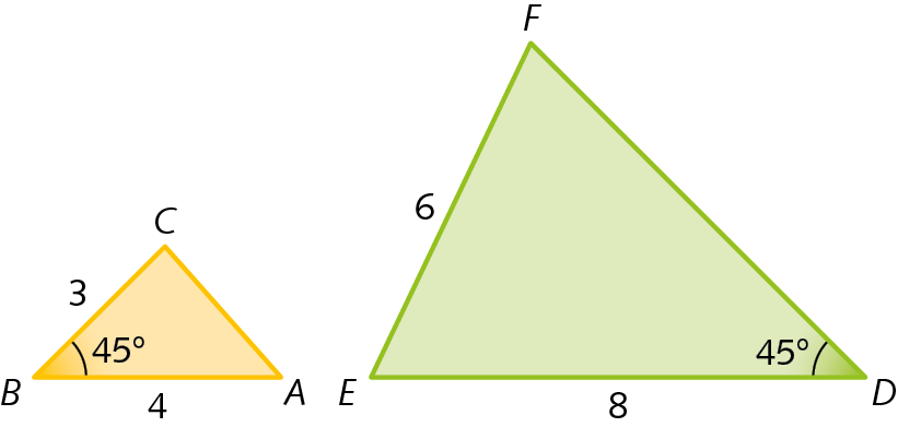 Figura geométrica. Triângulo ABC. Medida da abertura do ângulo ABC igual a 45 graus. Medida do comprimento do lado AB igual a 4.  Medida do comprimento do lado BC igual a 3. Figura geométrica. Triângulo DEF. Medida da abertura do ângulo FDE igual a 45 graus. Medida do comprimento do lado DE igual a 8.  Medida do comprimento do lado EF igual a 6.