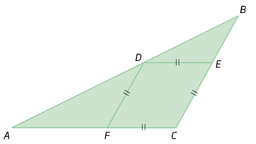 Figura geométrica. Triângulo Obtusângulo ACB. Seja o losango FCED interno ao triângulo tal que F pertence ao segmento AC, e o ponto E pertence ao segmento CB, e D pertence ao segmento AB