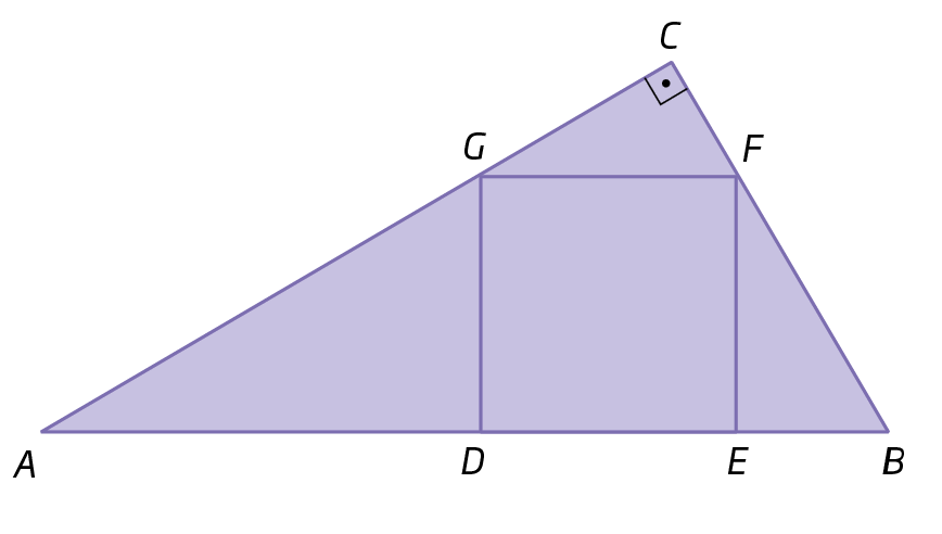 Figura geométrica . Triângulo ABC, retângulo em C. Quadrado DEFG interno ao quadrado com G pertencendo ao lado AC, F pertencendo ao lado CB, o segmento DE contido no segmento AB, com D entre A e E, e segmento GF paralelo ao segmento AB