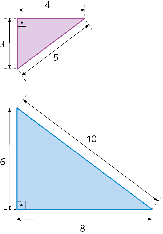 Figura geométrica. Triângulo retângulo roxo. com catetos medindo 3 e 4, e hipotenusa medindo 5. Figura geométrica. Triângulo retângulo azul com catetos medindo 6 e 8, e hipotenusa medindo 10.