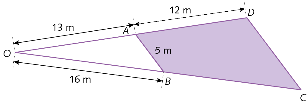 Figura geométrica. Quadrilátero ABCD com AB paralelo a DC, Os lados DA e CB foram prolongados até se encontrar em um ponto O. OA é igual a 13 metros, AD é igual a 12 metros, OB é igual a 16 metros e AB é igual a 5 metros.