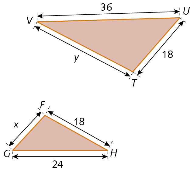 Figuras geométricas. 2 triângulos. Um dos triângulos tem vértices nos pontos T, U e V, A medida do comprimento do lado TU é 18. A medida do comprimento do lado UV é 36. A medida do comprimento do lado VT é indicada pela letra y. O outro triângulo tem vértices nos pontos F, G e H, A medida do comprimento do lado FG é indicada pela letra x. A medida do comprimento do lado GH é 24. A medida do comprimento do lado FH é 18.