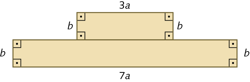 Figura geométrica. Figura composta por retângulo 1 e retângulo 2. Retângulo 1 com lados que medem 3 a e b. Retângulo 2 com lados que medem 7 a e b.