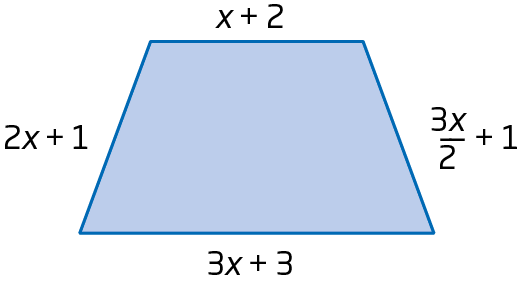 Figura geométrica. Trapézio com lados que medem: 2x mais 1; 3x mais 3; fração 3x sobre 2, fim da fração, mais 1; x mais 2.
