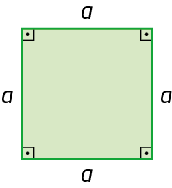 Figura geométrica. Quadrado verde com medida a em cada lado e 4 ângulos retos indicados.