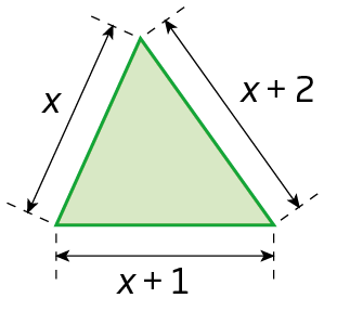 Figura geométrica. Triângulo verde com medidas dos lados x, x mais 2 e x mais 1.