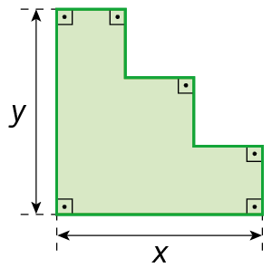 Figura geométrica. Figura semelhante a uma escada de três degraus. A base mede x, a altura mede y e todos os ângulos são retos e estão indicados.