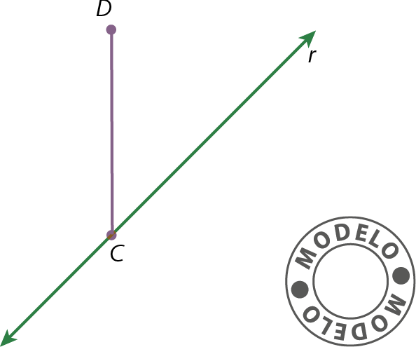 Ilustração. Reta r com ponto C representado nela e segmento de reta CD com D não pertencente a r. Ao lado, ícone com selo modelo.