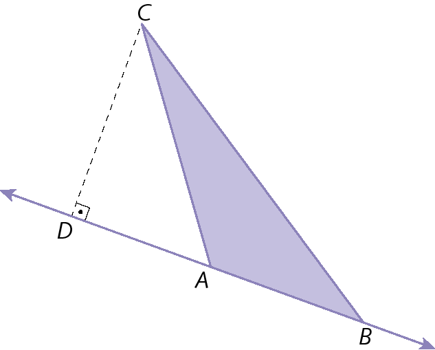 Figura geométrica. Segmento de reta BC inclinado. Segmento de reta AB. ABC formam o triangulo ABC escaleno, com ângulo maior do que 90 graus em A. Uma reta passa por AB. Um segmento de reta tracejado vai de C ao ponto D, pertencente a reta que passa por AB. Este segmento é perpendicular  reta