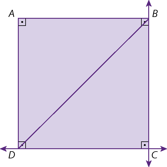 Figura geométrica. Retângulo roxo com os ângulos retos indicados. Uma reta passa pelo lado CD e outra pelo lado BC. A diagonal BD está representada