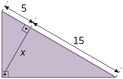 Figura geométrica. Triângulo retângulo roxo. A hipotenusa tem como medida de comprimento 15 mais 5. A altura em relação à hipotenusa tem como medida de comprimento x.