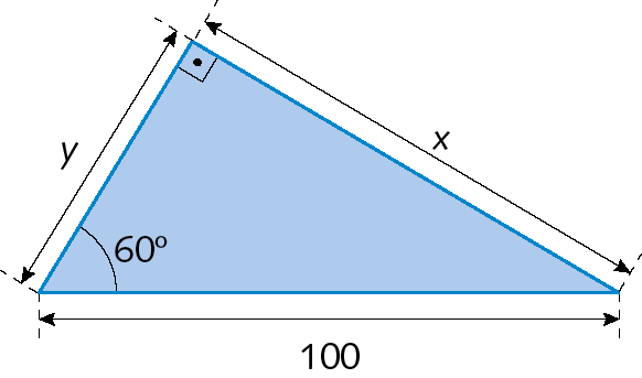 Figura geométrica. Triângulo retângulo  azul com ângulo reto e ângulo com medida de abertura de 60 graus. As medidas de comprimento dos catetos são: x (cateto oposto ao ângulo de 60 graus) e y, e a medida de comprimento da hipotenusa, 100.