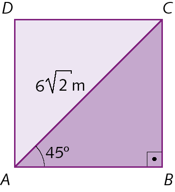 Figura geométrica. Quadrado ABCD. A diagonal AC tem medida de comprimento 6 raiz quadrada de 2. A diagonal AC divide o quadrado em dois triângulos retângulos, ABC e ADC, a medida de abertura do ângulo BAC do triângulo ABC é de 45 graus.